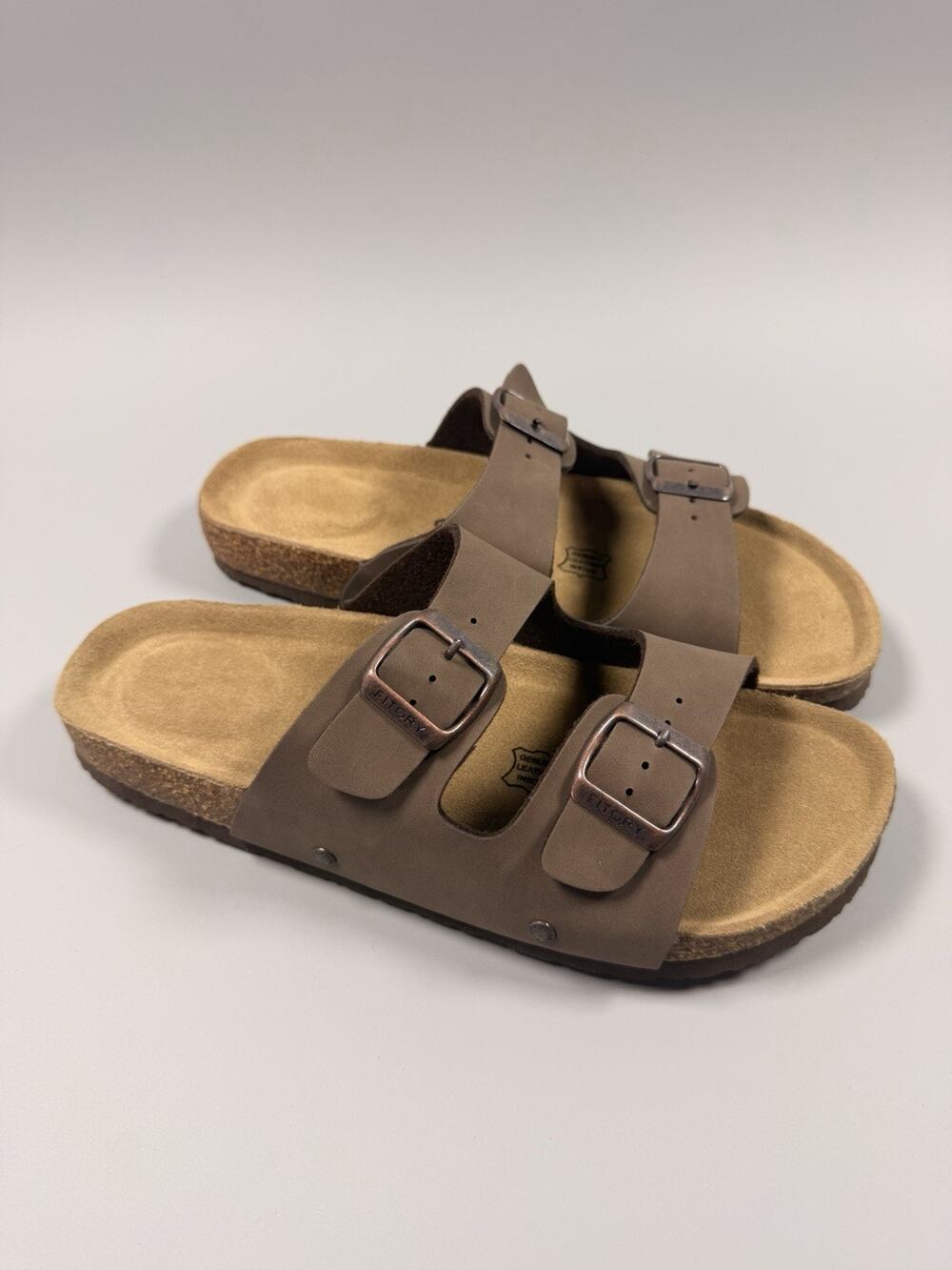 FITORY Brown Leather Slide Sandals Men’s US 9 New Comfort Cork Footbed